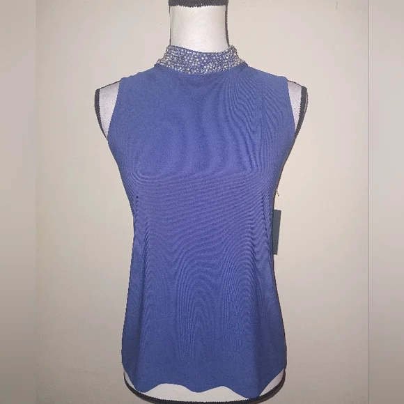 New Tatiana B. Elegant Blue Pearl & Rhinestone Embezzled Sleeveless Top - Picture 1 of 6